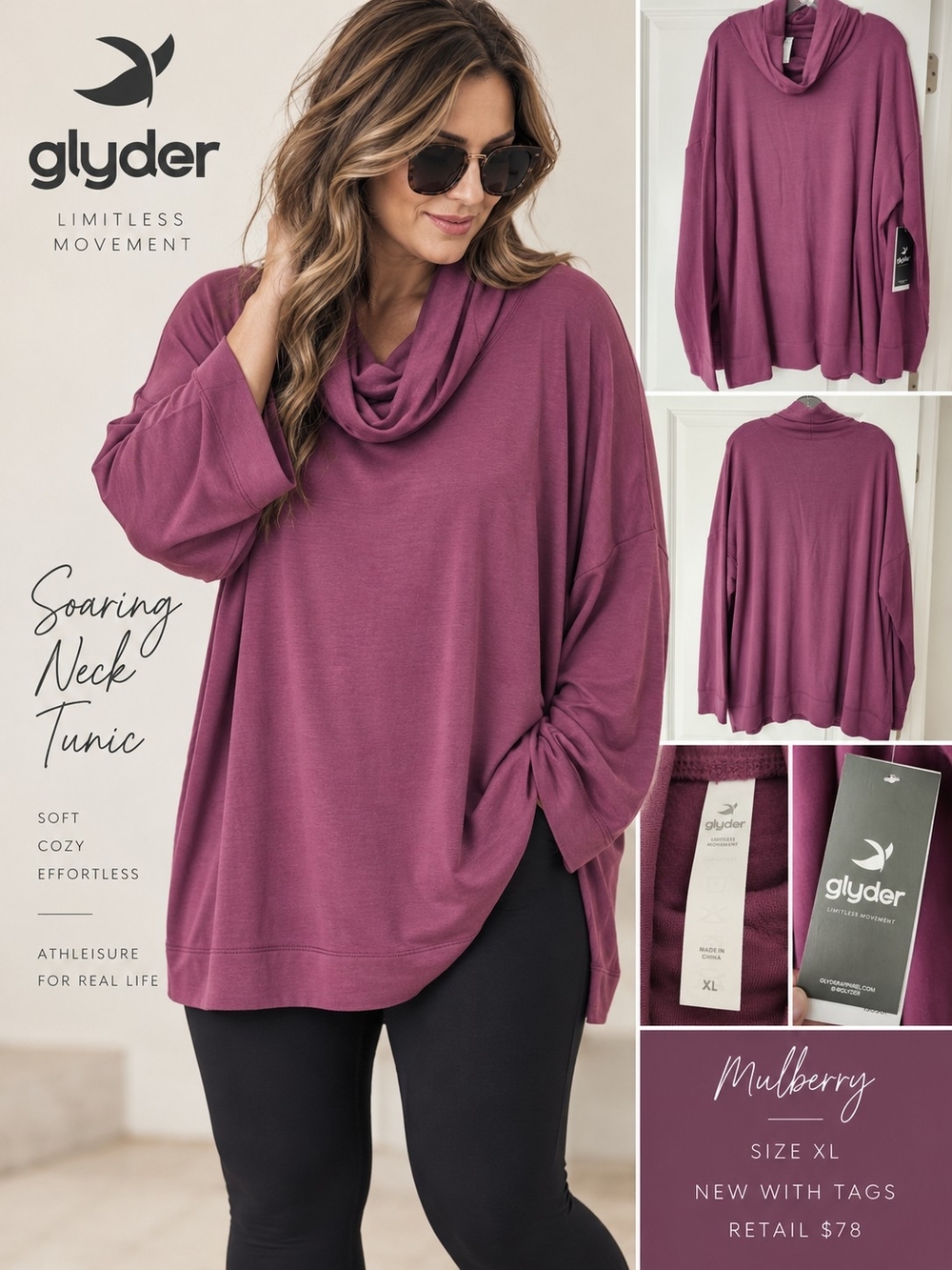 Glyder Soaring Neck Tunic XL Mulberry Cowl Neck Oversized Pullover NWT